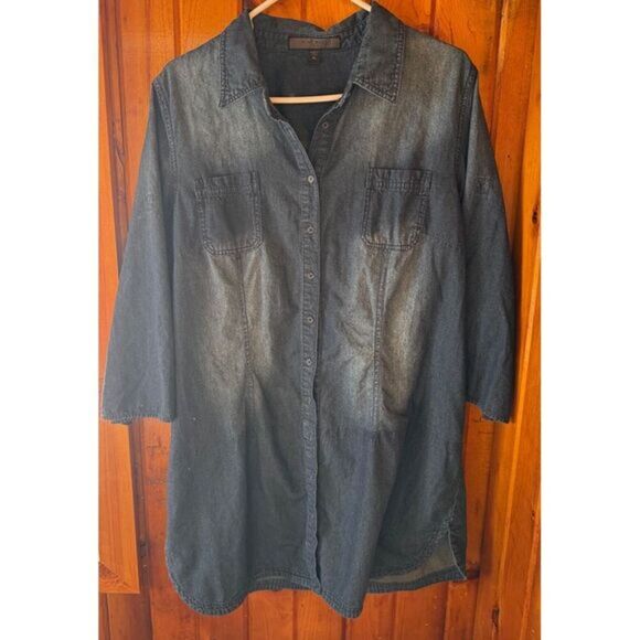 Nine West Button-Down Denim Shirt Dress with 3/4 Sleeves - Versatile Dark Wash - Picture 1 of 3
